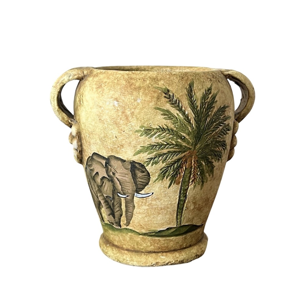 Safari Elephant Palm Tree Ceramic Vase Planter Rustic Tropical Decor‎ 7"